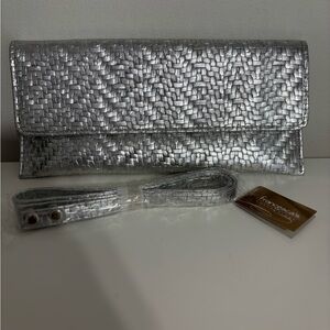 Francesca’s Silver Woven texture Clutch Bag with crossbody strap